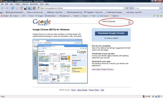Chrome download page rendered in Firefox—broken dropdown