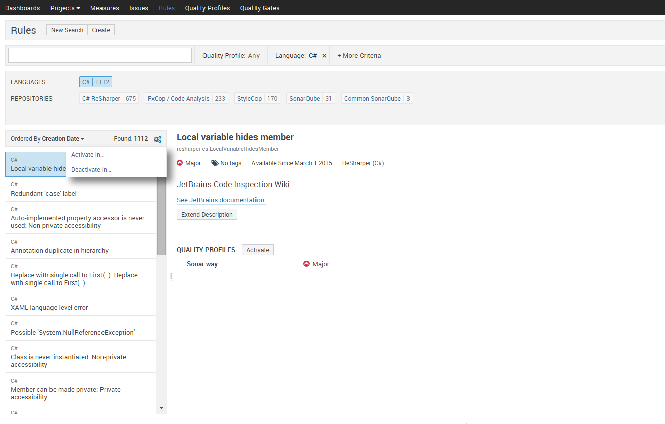 Configuring a quality profile with C# rules