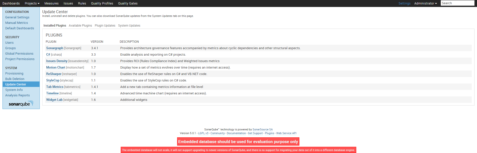 SonarQube dashboard after the first analysis run