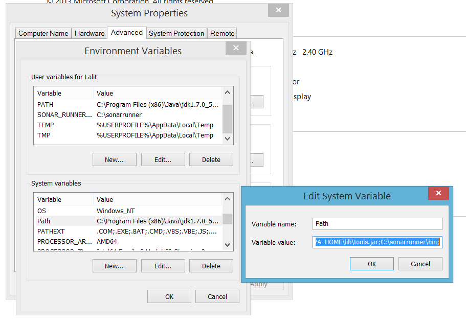 System properties showing PATH configuration